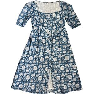 Beau & Ro Blue Folk Floral Button Front Floral Midi Dress Pockets Size‎ Medium
